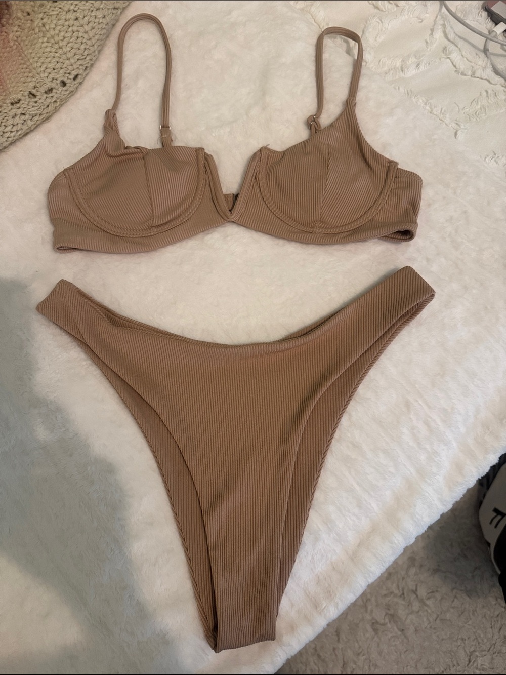 Ribbed Underwire Bikini Top & High-Cut Bottoms - Nude by SHEIN size Small